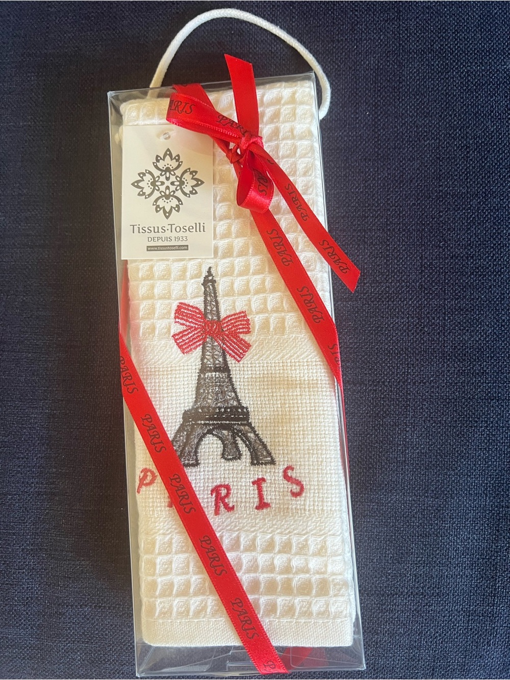 Tissus Toselli Paris Eiffel Embroidered Kitchen Towel - White & Red
